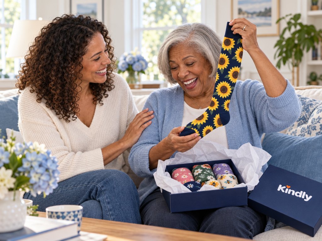 Daughter giving her mother a navy Kindly gift box with an orange ribbon