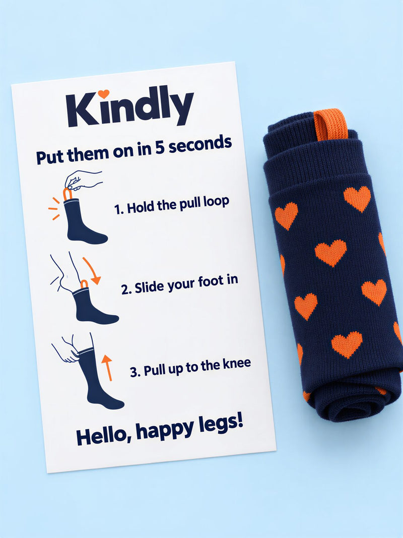 Kindly card showing how to put the socks on in three steps