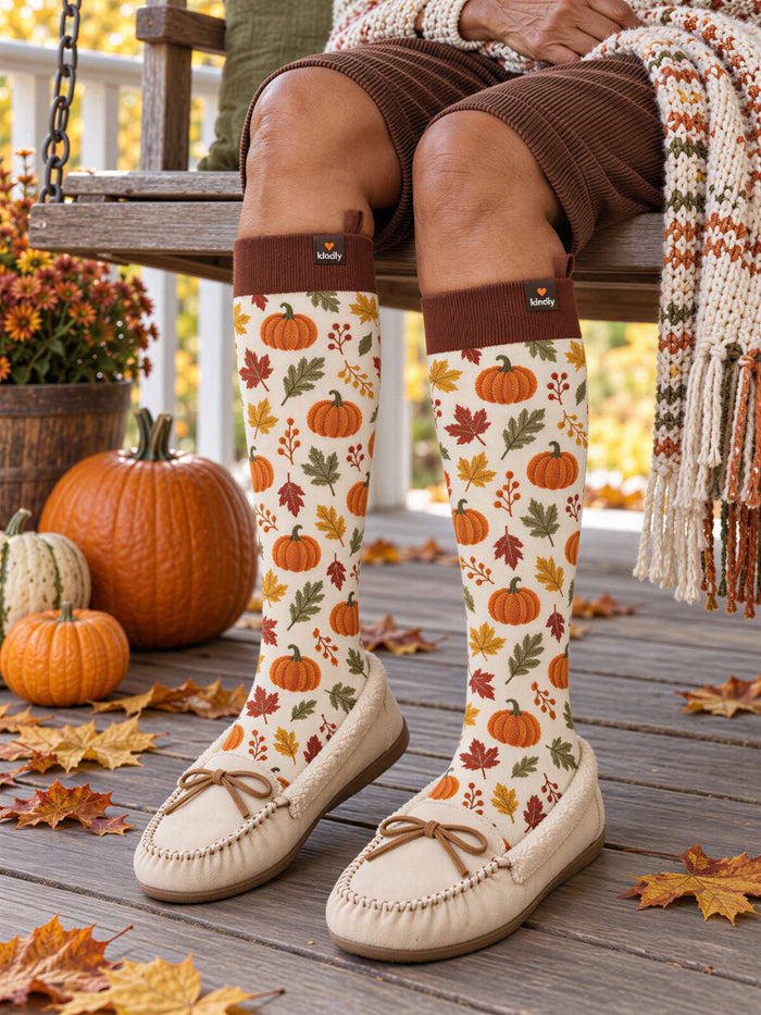 Pumpkin Spice Kindly compression socks worn knee-high