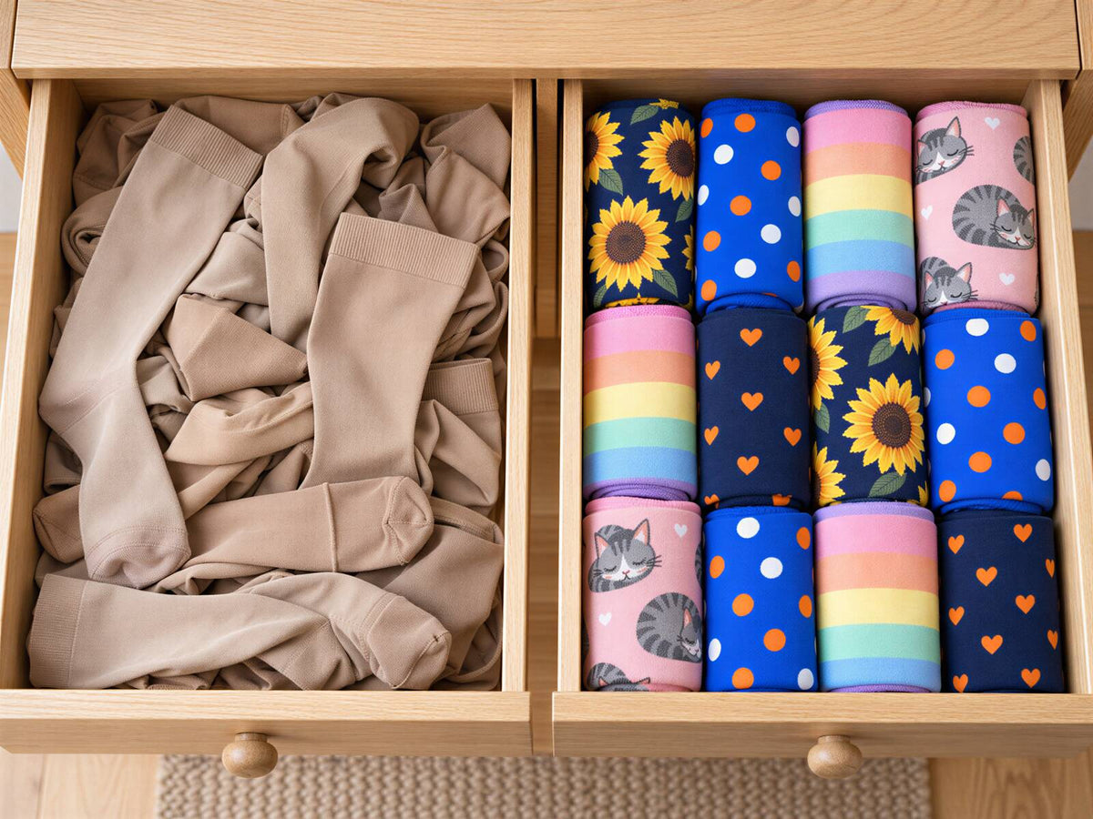 A drawer of beige compression stockings next to a drawer of colourful Kindly socks