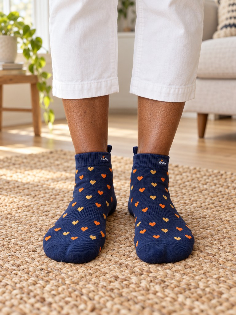 Front view of feet and ankles in Kindly Ankle Hug socks, standing on a woven rug
