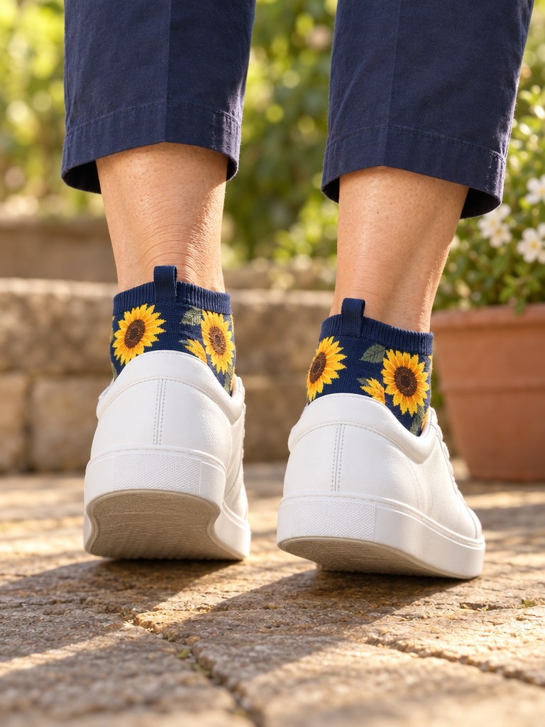 Back view of heels in Kindly Ankle Hug socks with the heel tab visible above plain white sneakers