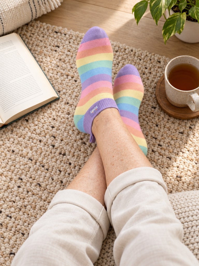Top-down view of crossed feet in Kindly Ankle Hug socks resting on a rug next to an open book and a cup of tea