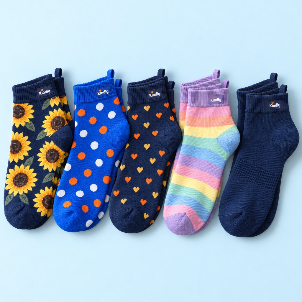 Overhead flat lay of five folded pairs of Kindly Ankle Hug socks in a neat row