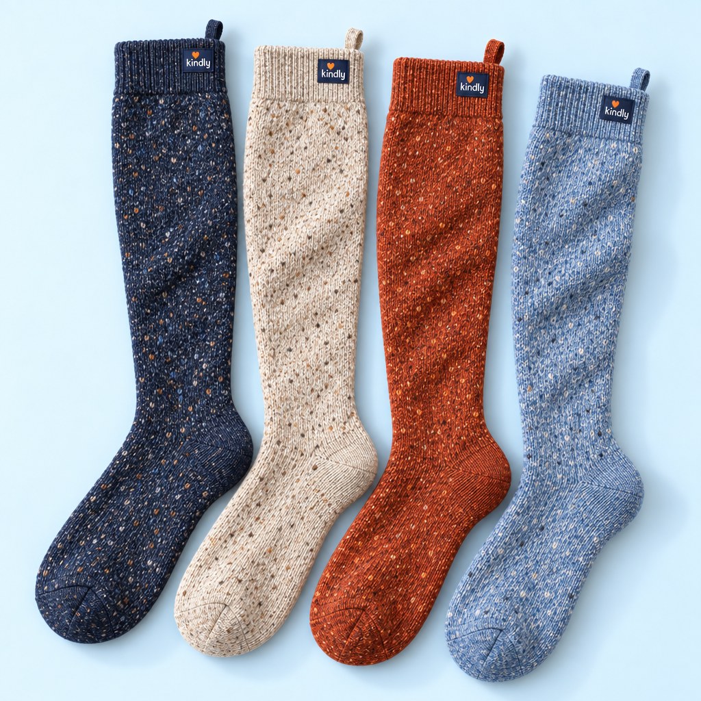 Studio flat lay of four pairs of Kindly Cabin Socks side by side