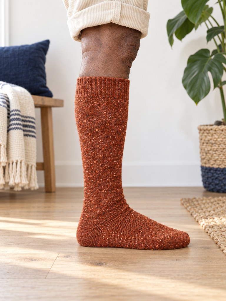 Side profile of a leg wearing a Kindly Cabin Sock in rust heather at home