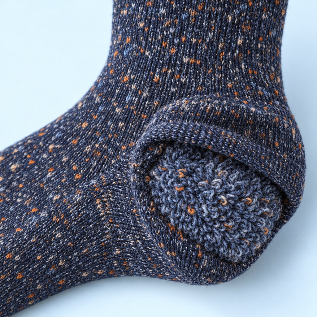 Macro detail of the thick cushioned terry sole and chunky heathered knit of a Kindly Cabin Sock