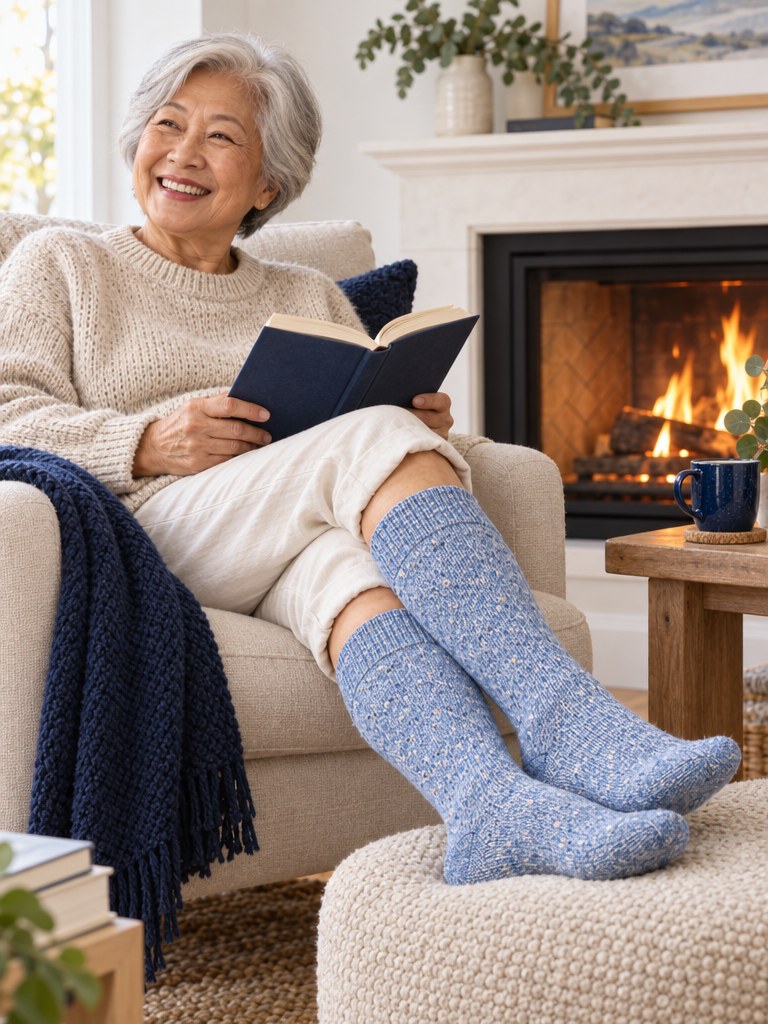 A woman relaxing in an armchair by a fireplace, feet up, wearing Kindly Cabin Socks in sky heather