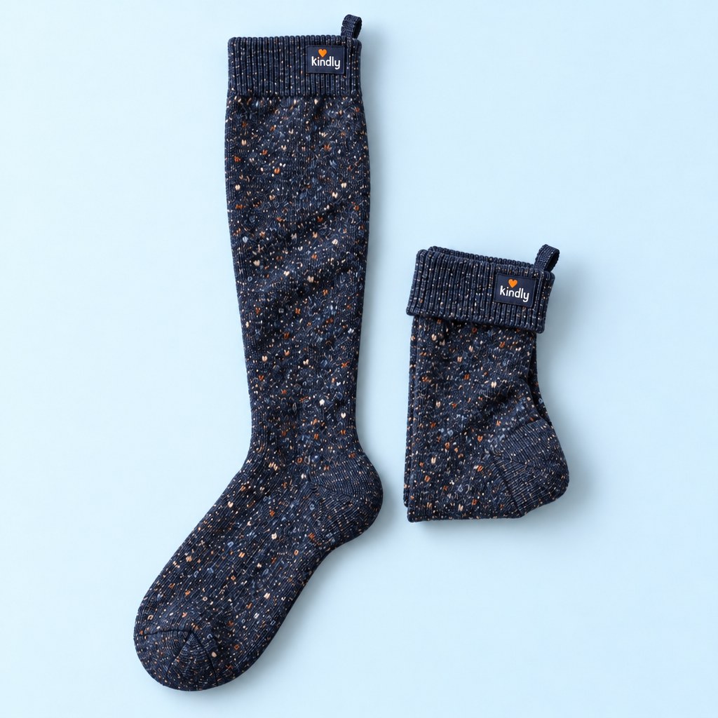 Studio product photo: a pair of Kindly Cosy Hug merino compression knee-high socks in navy heather, one flat, one with the cuff folded open to show the pull loop