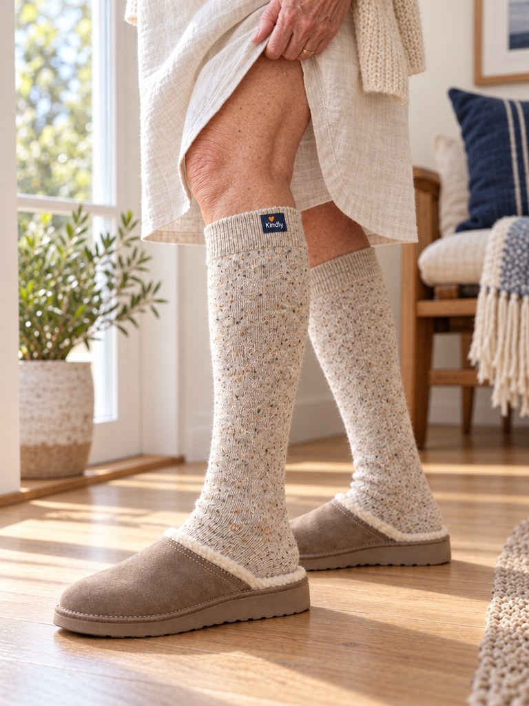 Side profile of a woman's legs wearing Kindly Cosy Hug merino knee-high socks in oatmeal heather and slippers