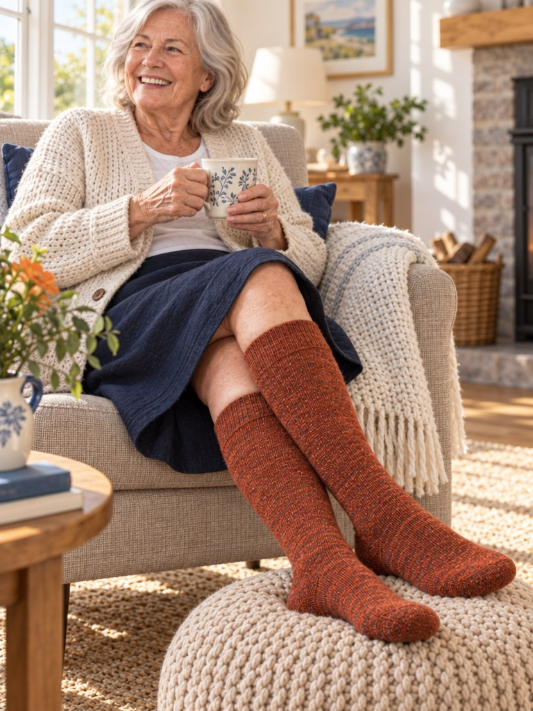 A smiling woman in her late 60s seated in a cosy armchair wearing Kindly Cosy Hug merino knee-high socks in rust heather, holding a mug