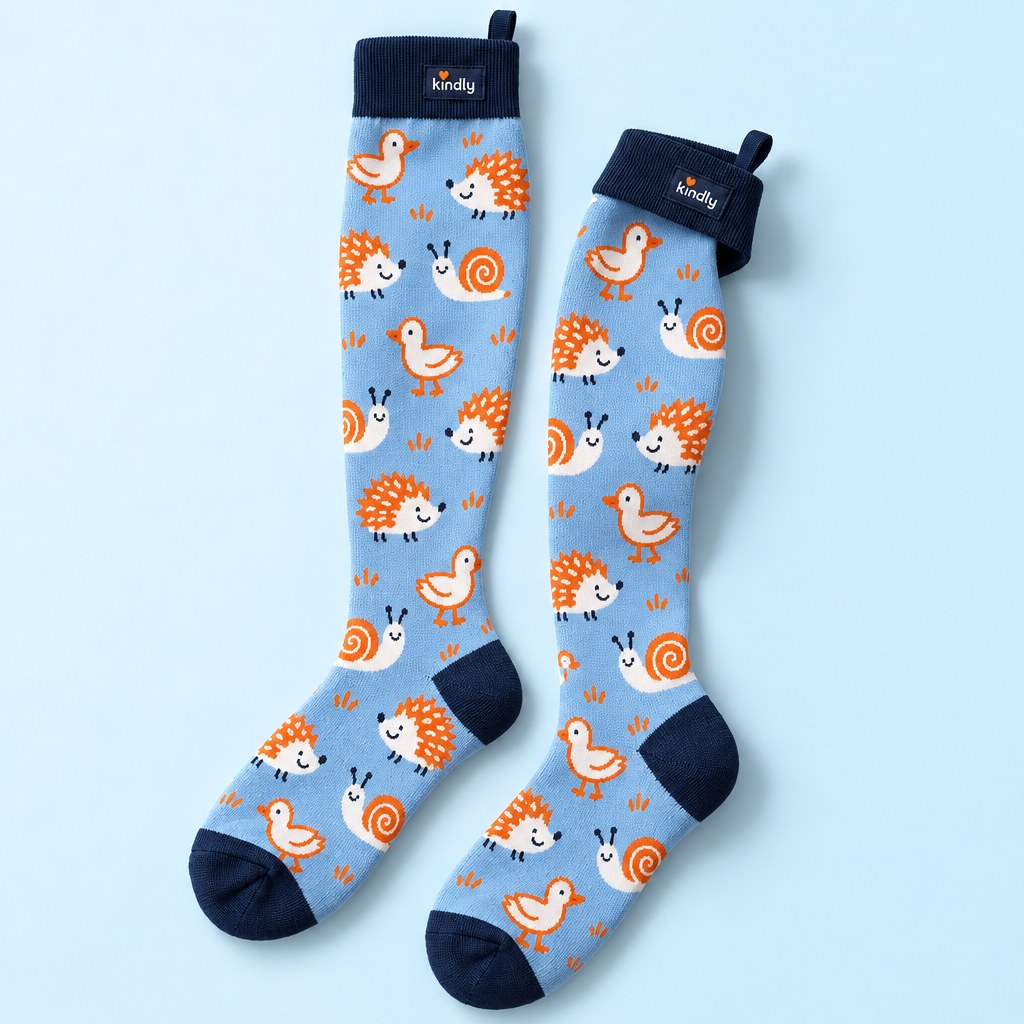 Studio flat lay of one pair of Kindly Doodle Pals knee-high compression socks