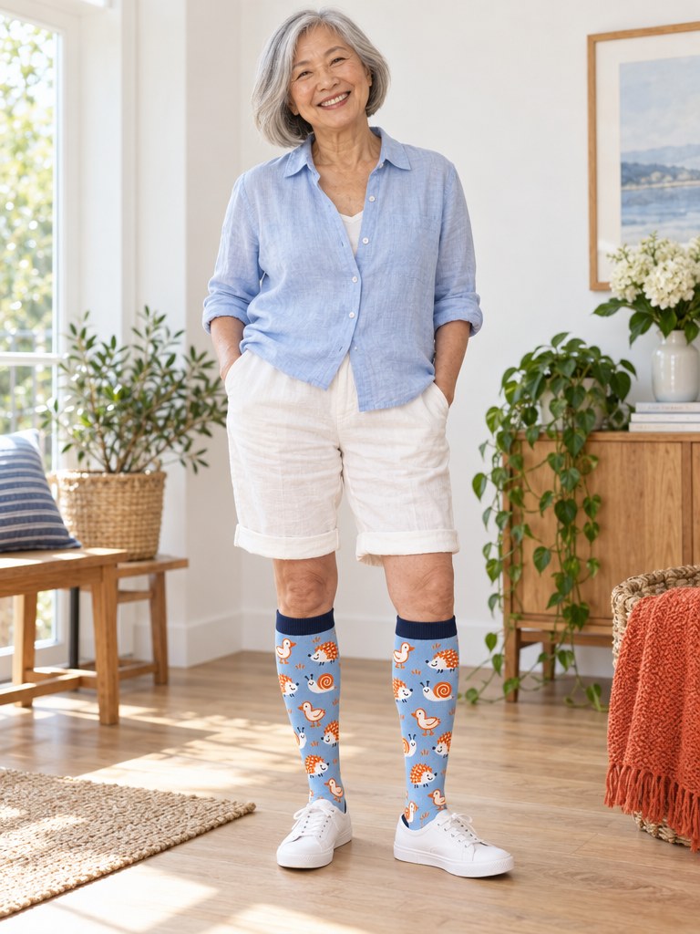 Front view of a woman wearing the Doodle Pals Kindly knee-high socks with white canvas sneakers