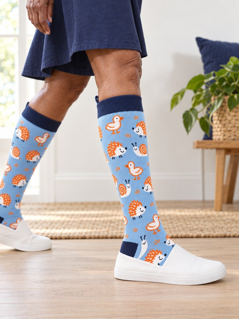 Side profile of a leg wearing the Doodle Pals Kindly knee-high sock