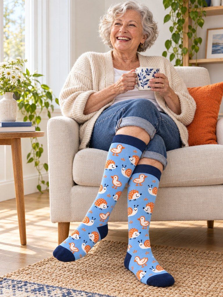 A smiling woman seated in a sunny armchair wearing the Doodle Pals Kindly knee-high socks, legs crossed at the ankle
