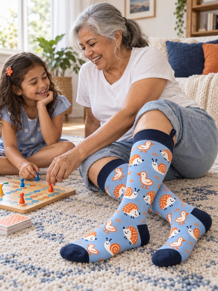 Lifestyle: a grandmother playing a board game on a rug with her 7-year-old granddaughter, the grandmother/woman wearing the Doodle Pals Kindly knee-high socks