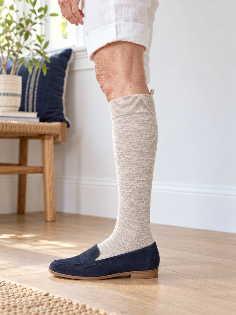 Side profile of a leg wearing a Kindly Everyday Solids knee-high sock in Oatmeal Heather