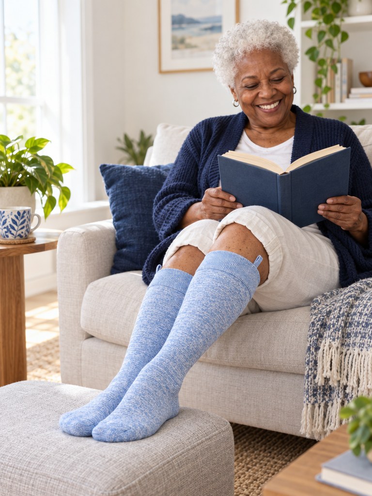A smiling woman on a sofa wearing Kindly Everyday Solids knee-high socks in Sky Heather, feet up on a footstool