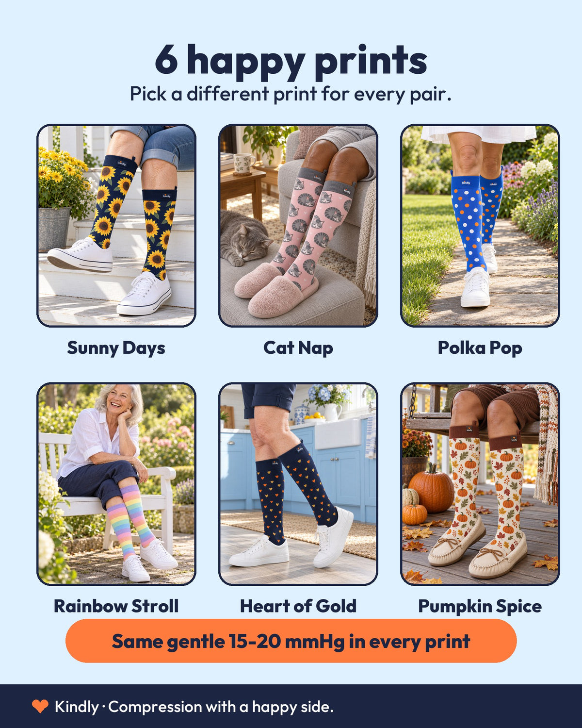All six Kindly prints worn: Sunny Days, Cat Nap, Polka Pop, Rainbow Stroll, Heart of Gold, Pumpkin Spice. Same gentle 15-20 mmHg in every print.