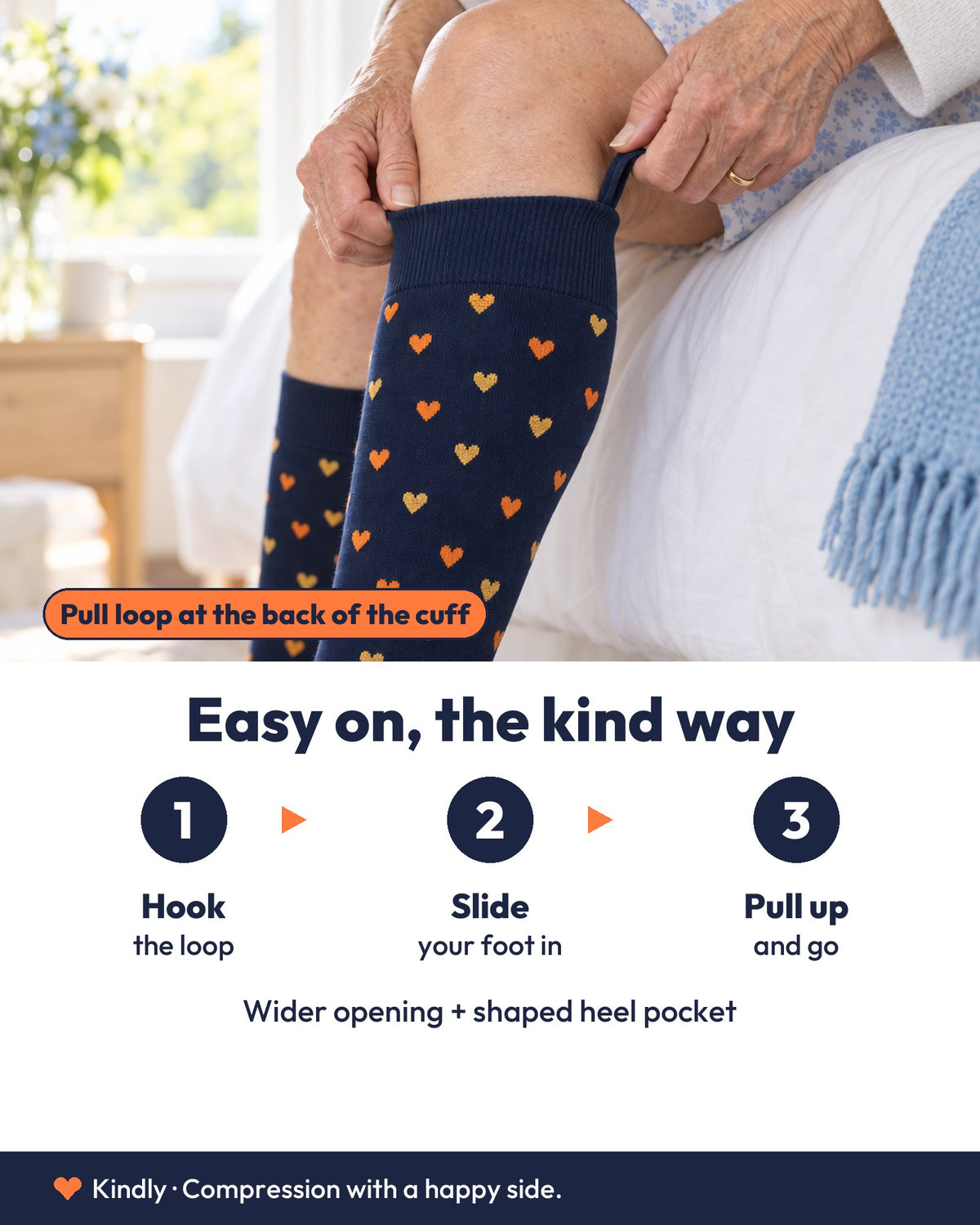 Putting a Kindly sock on with the pull loop: hook the loop, slide your foot in, pull up and go.