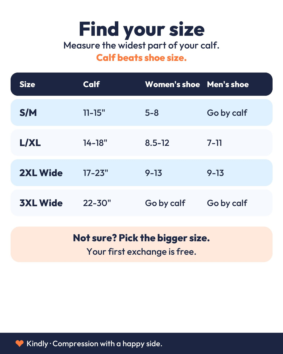 Kindly size chart by calf and shoe size: S/M, L/XL, 2XL Wide, 3XL Wide.