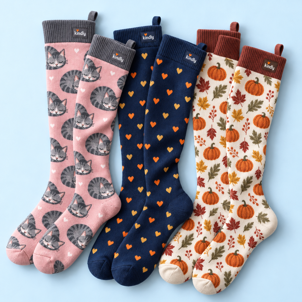 Kindly Happy Trio Cosy Critters: Cat Nap, Heart of Gold and Pumpkin Spice knee-high socks