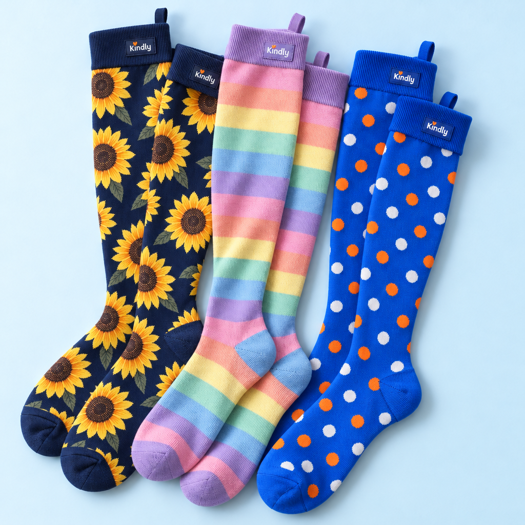 Kindly Happy Trio Garden Party: Sunny Days, Rainbow Stroll and Polka Pop knee-high socks