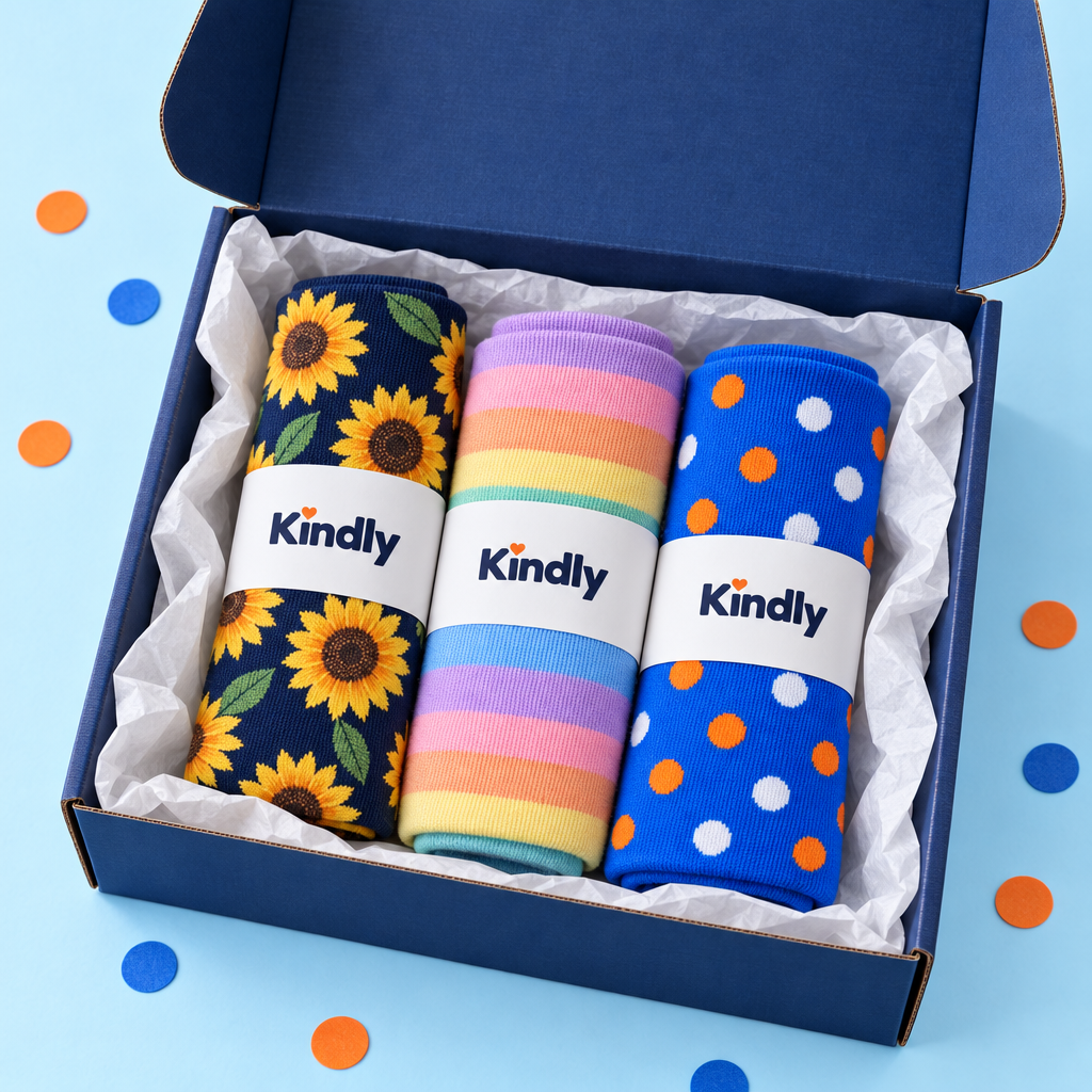 Kindly Happy Trio Garden Party 3-pack in the navy Kindly mailer box