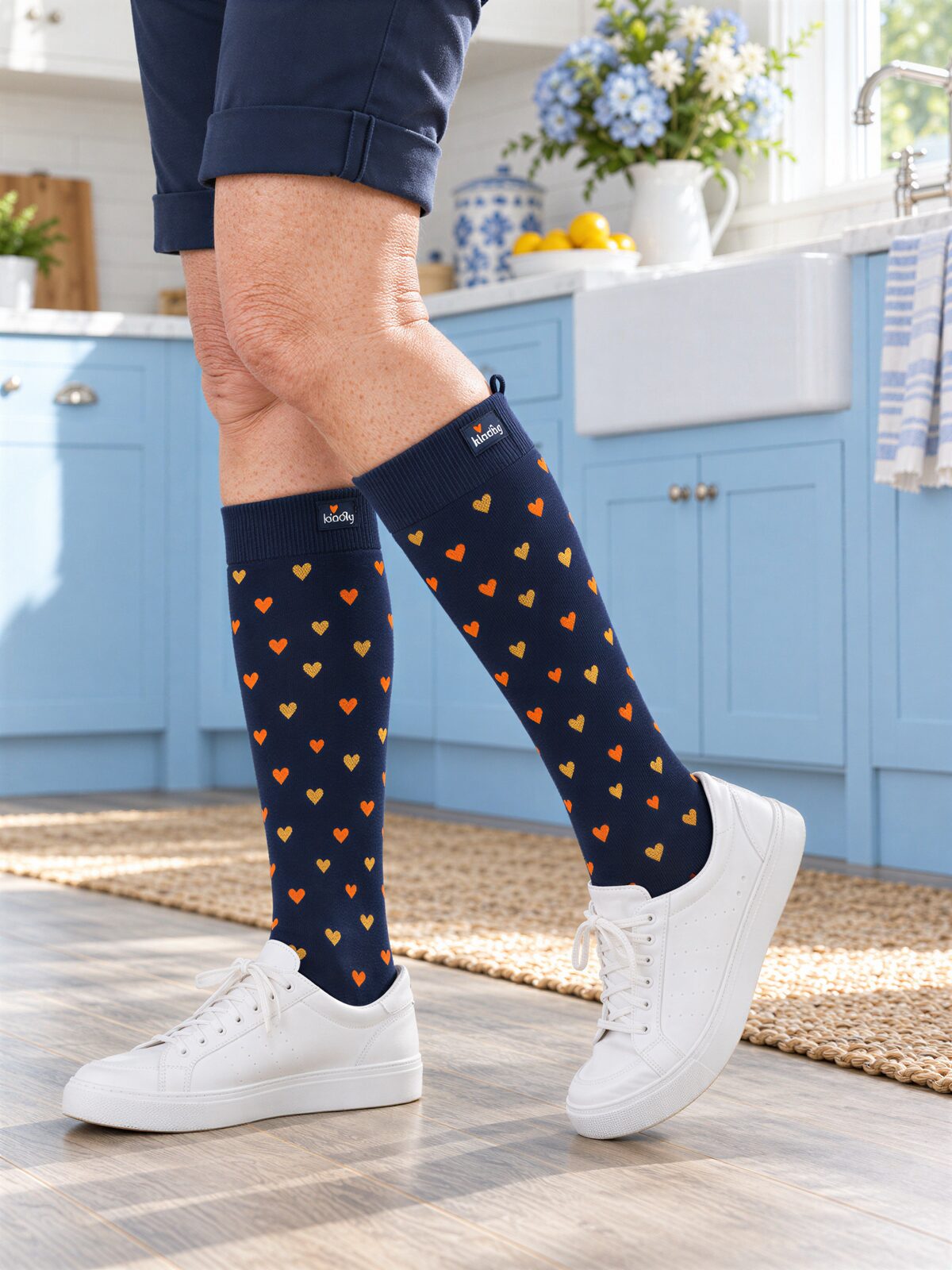 Heart of Gold Kindly compression socks worn knee-high