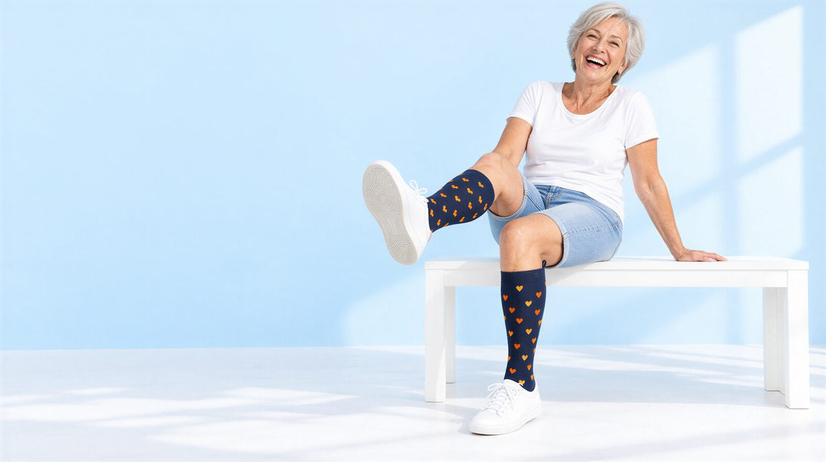 Smiling woman lifting one leg to show her Heart of Gold Kindly compression socks