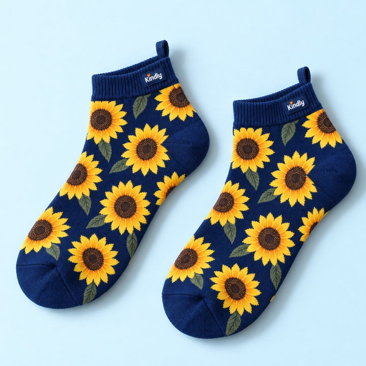 Studio flat lay of one pair of Kindly Little Socks, cushioned ankle socks in Sunny Days