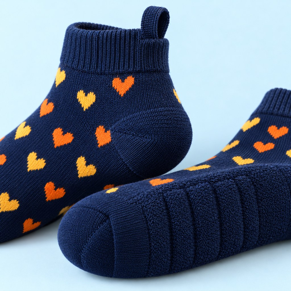 Macro detail of the soft heel tab and cushioned sole of a Kindly Little Sock in Heart of Gold