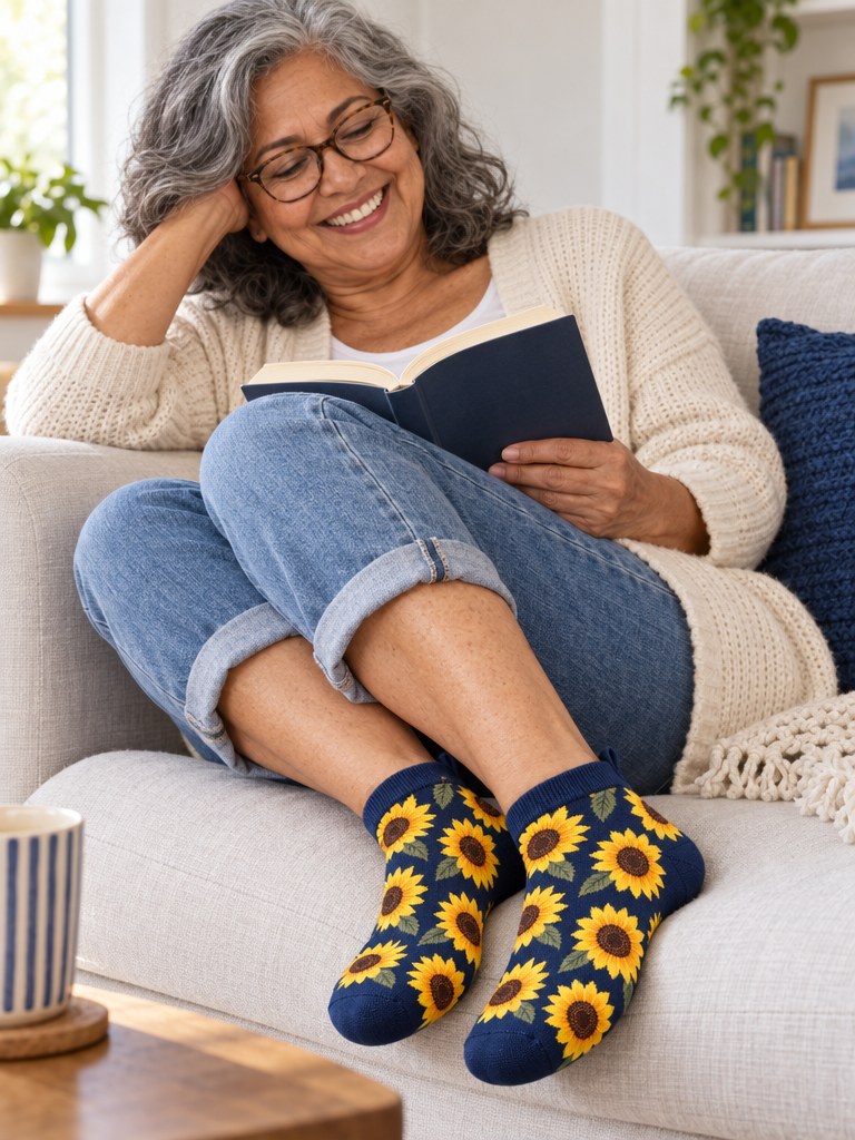 Top-down view of a woman's feet in Kindly Little Socks ankle socks in Sunny Days, curled up on a sofa with a book