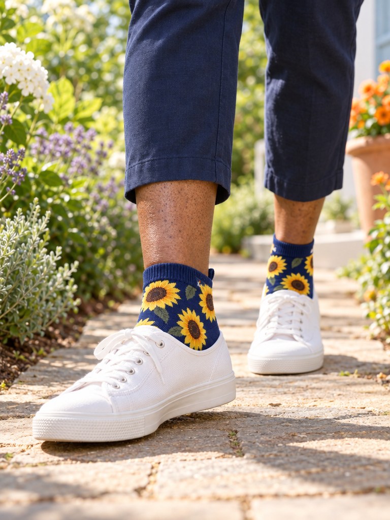 A woman walking on a sunny garden path in white canvas sneakers and Kindly Little Socks ankle socks in Sunny Days