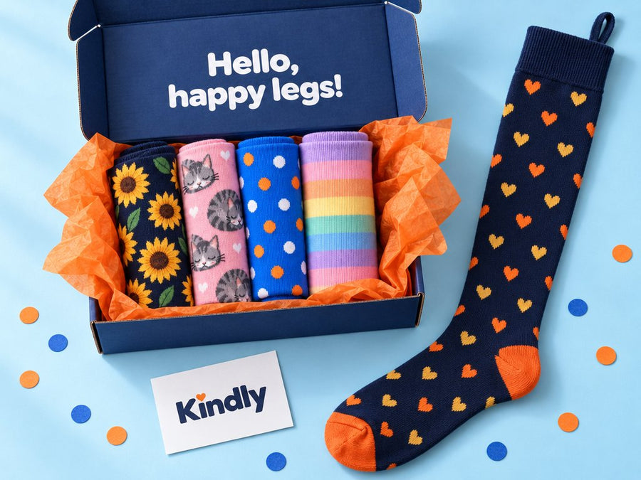 Open Kindly box with five rolled pairs of socks and a Hello, happy legs! message