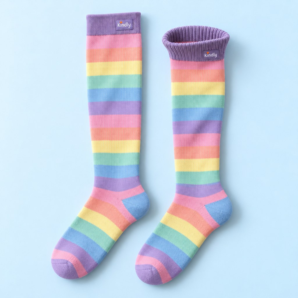 Overhead flat lay of one pair of Kindly No-Squeeze socks in the KNEE length