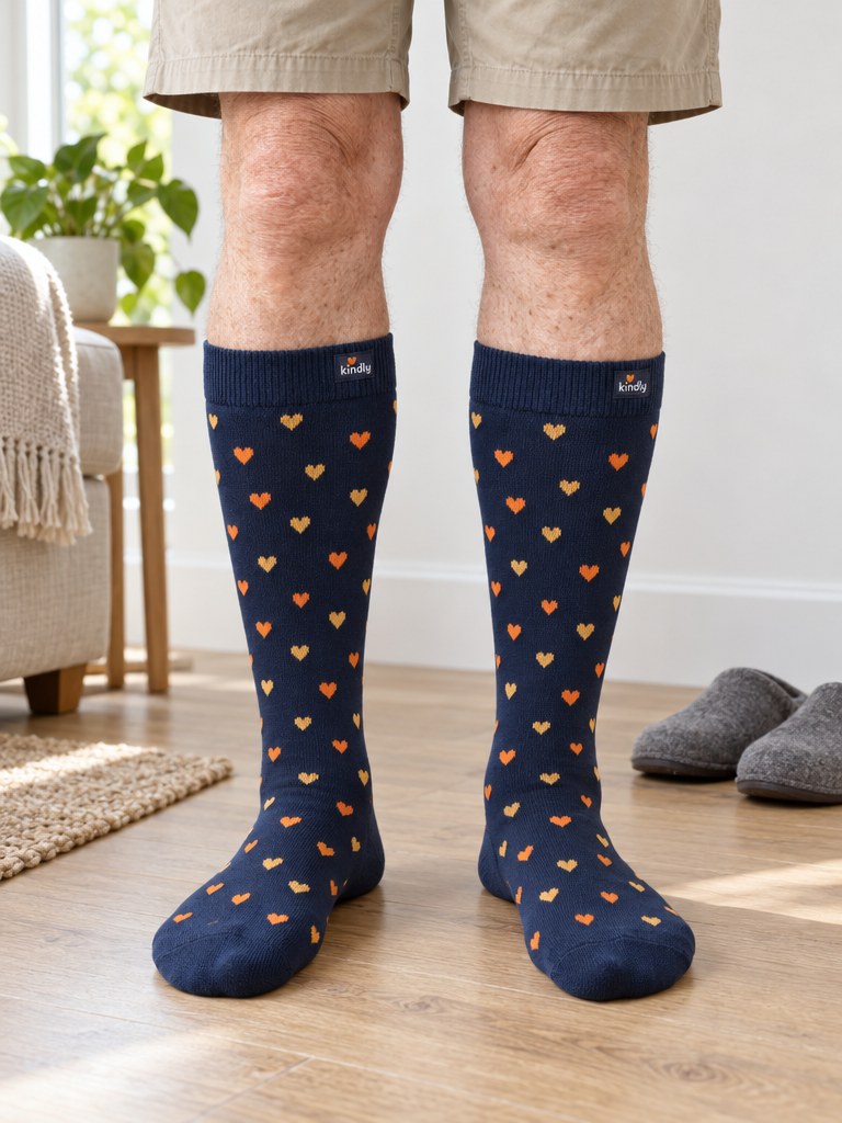 Front view of an older man with fuller calves standing in Kindly No-Squeeze knee-length socks