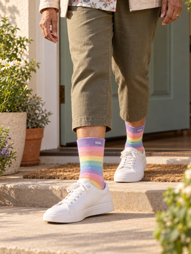 Older woman stepping out of her front door in Kindly No-Squeeze crew socks and plain sneakers