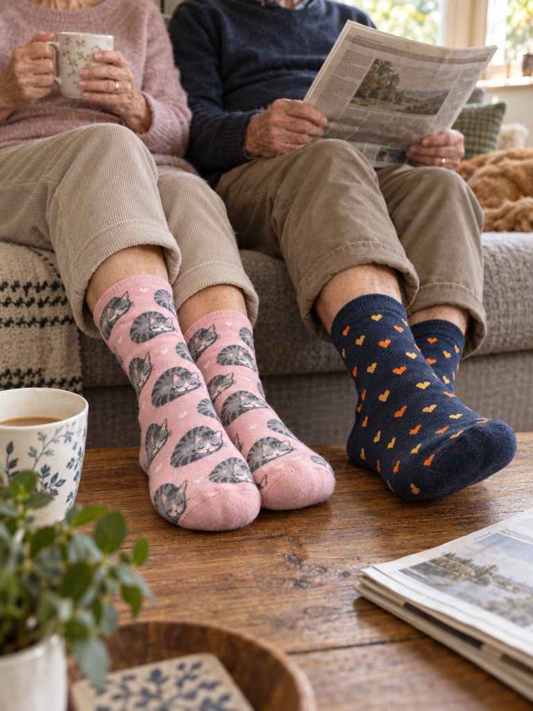 Older couple relaxing with feet up in Kindly No-Squeeze socks