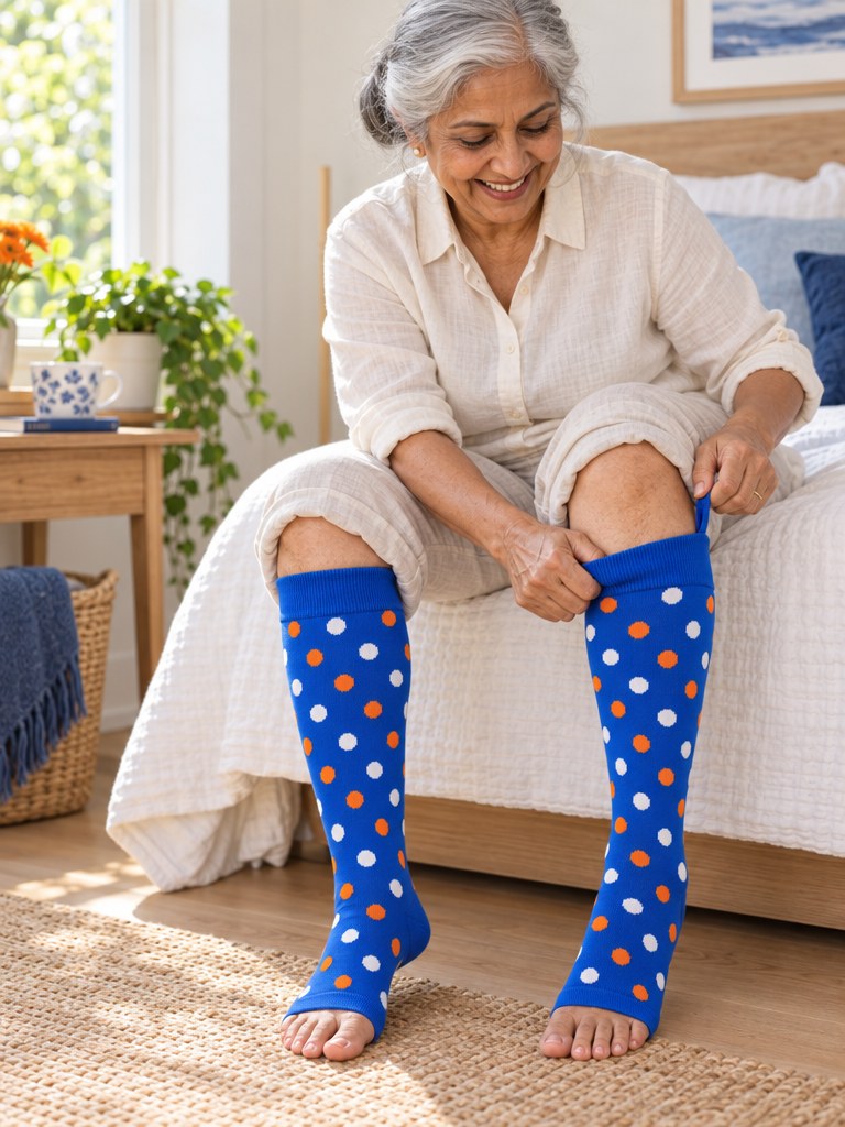 A woman pulling on a Kindly Peekaboo Toe open-toe compression sock using the pull loop at the back of the cuff