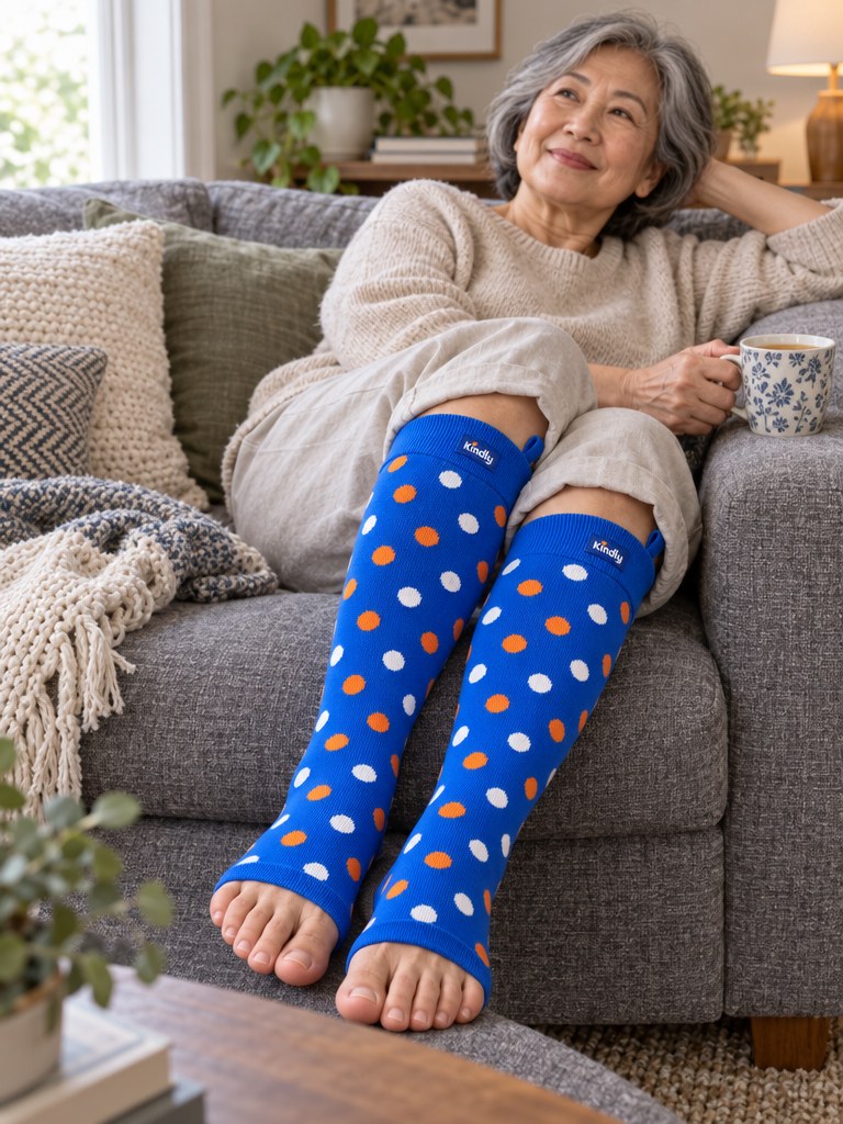 Feet up on a grey sofa in Kindly Peekaboo Toe socks, a cup of tea on the armrest