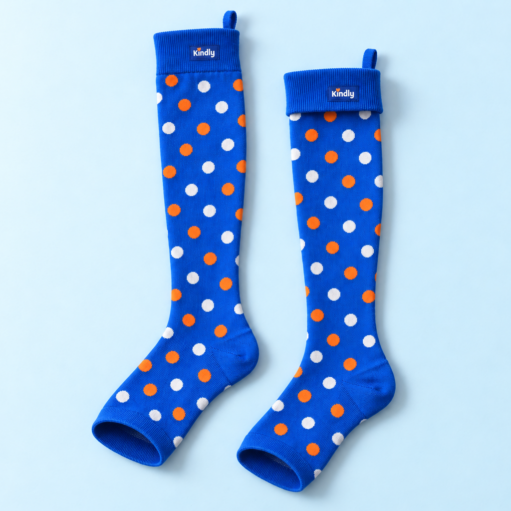 Kindly Peekaboo Toe open-toe knee-high compression socks in Polka Pop print