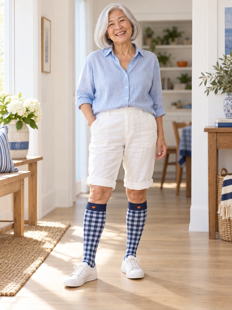 Front view of a woman wearing the Picnic Check Kindly knee-high socks with white canvas sneakers