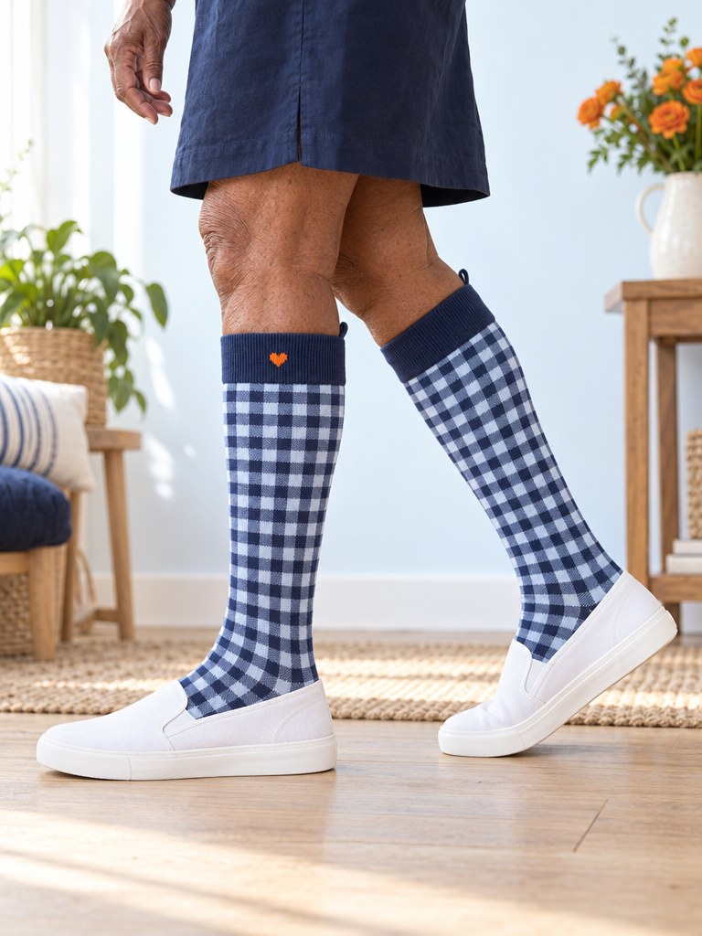Side profile of a leg wearing the Picnic Check Kindly knee-high sock