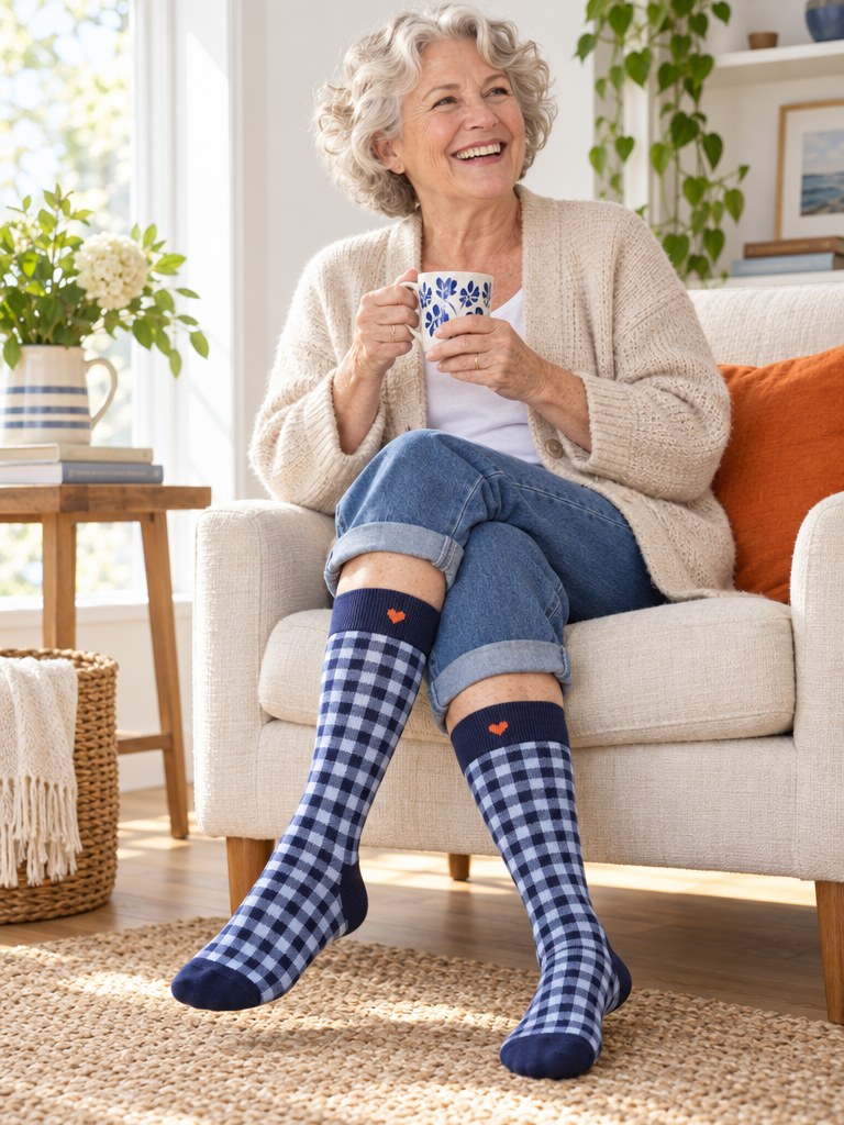 A smiling woman seated in a sunny armchair wearing the Picnic Check Kindly knee-high socks, legs crossed at the ankle