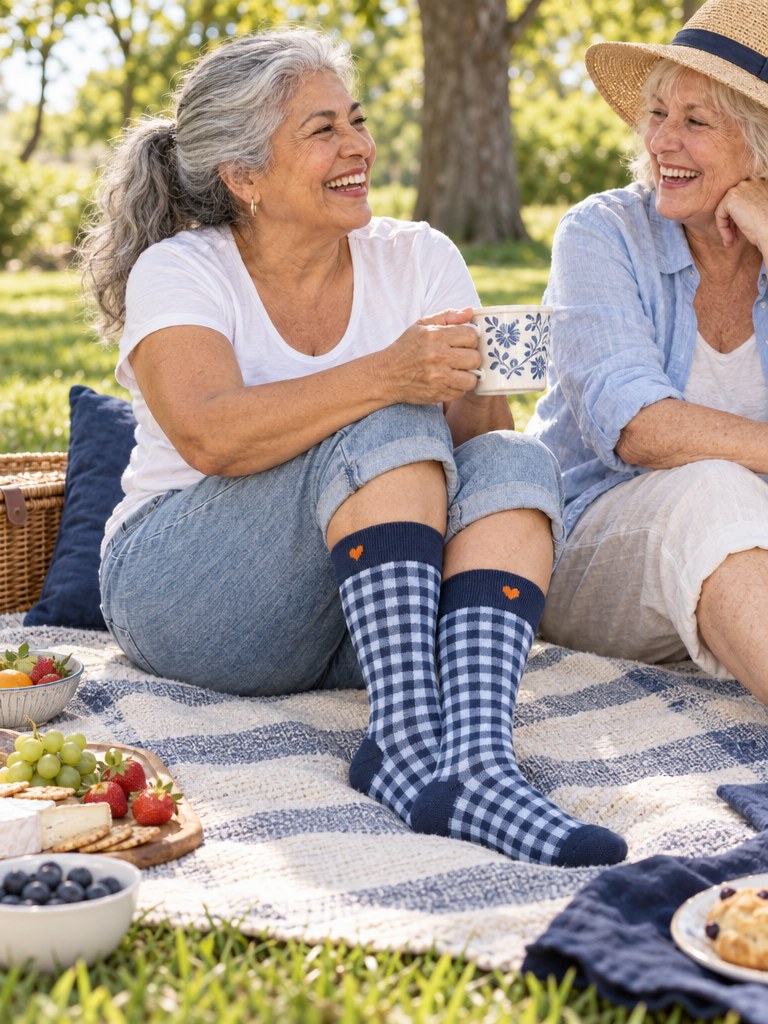 Lifestyle: two friends having a picnic on a blanket in a sunny park, the grandmother/woman wearing the Picnic Check Kindly knee-high socks
