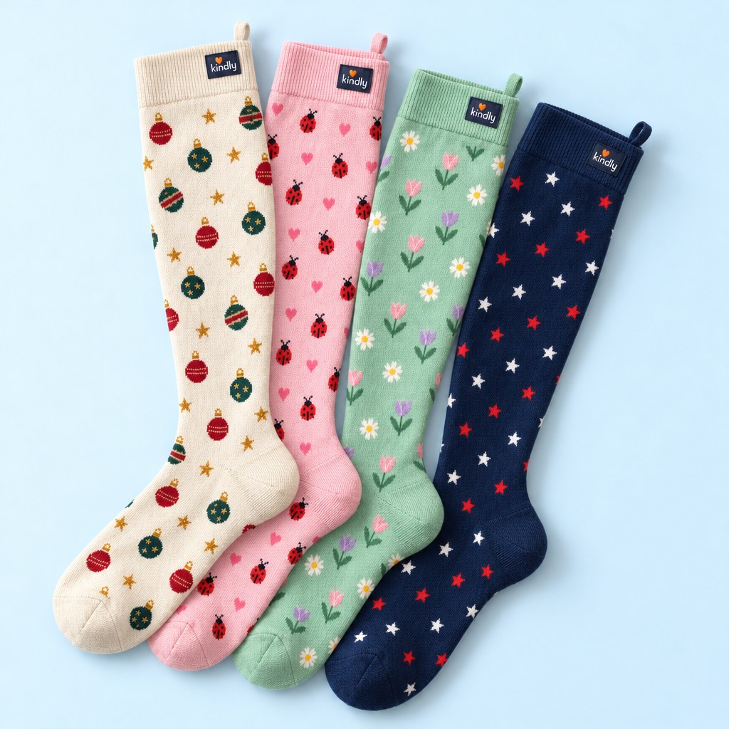 Overhead flat lay of four pairs of new Kindly knee-high prints fanned out