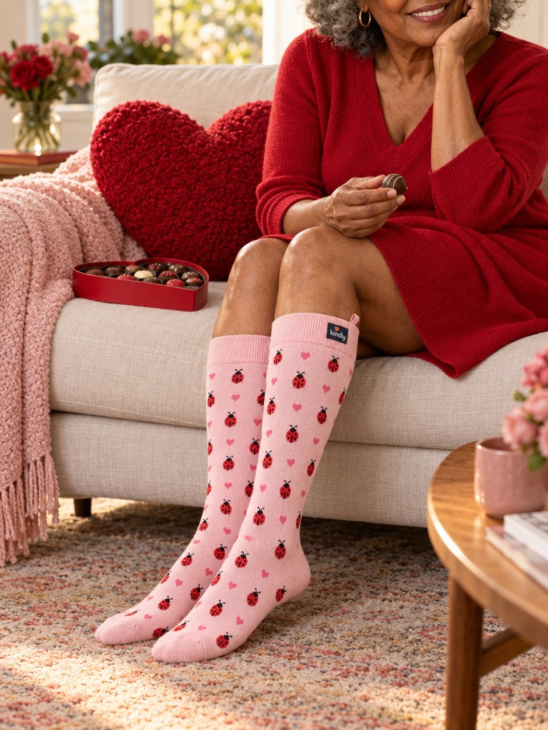 Seasonal lifestyle shot of Love Bug Kindly knee-high socks worn