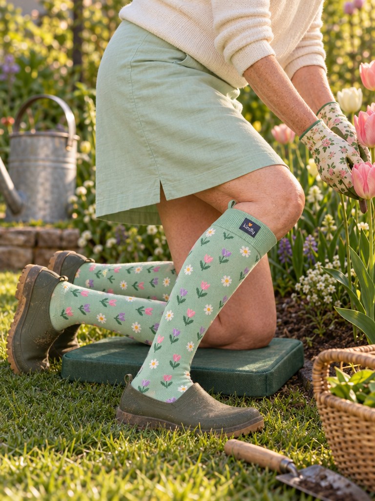Seasonal lifestyle shot of Garden Bloom Kindly knee-high socks worn
