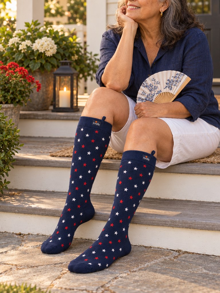 Seasonal lifestyle shot of Star Spangled Kindly knee-high socks worn